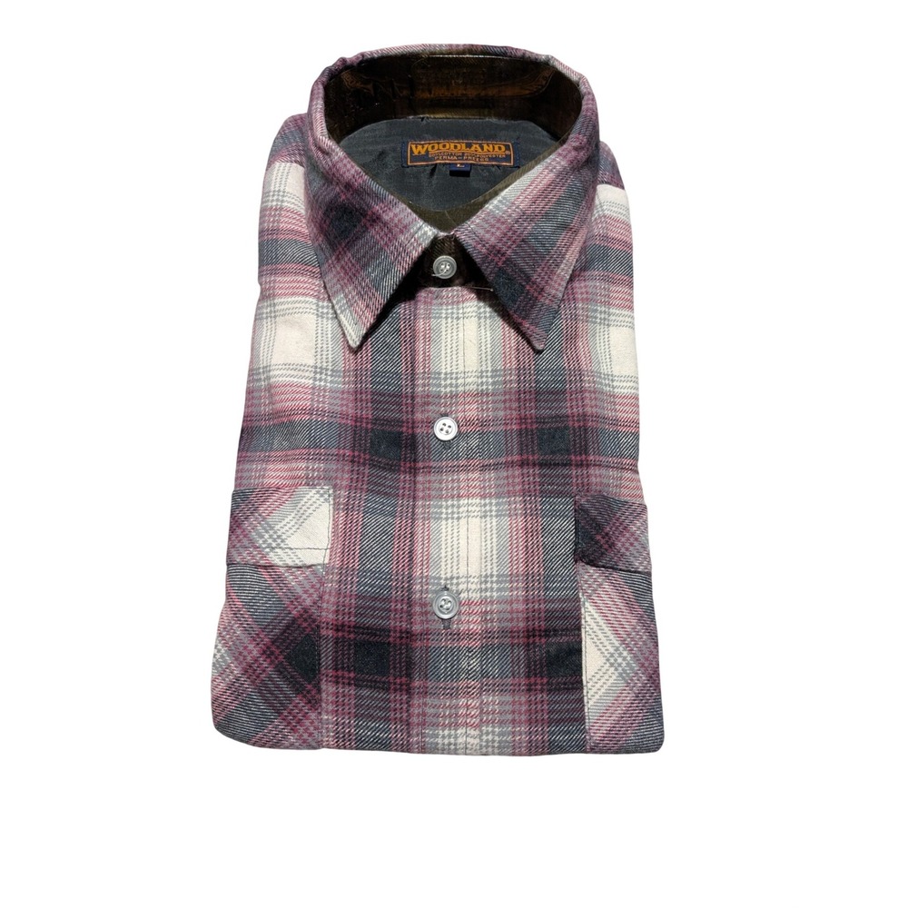Vintage Woodland‎ Mens Plaid Button Down Shirt Burgundy Grey Perma-Press L New